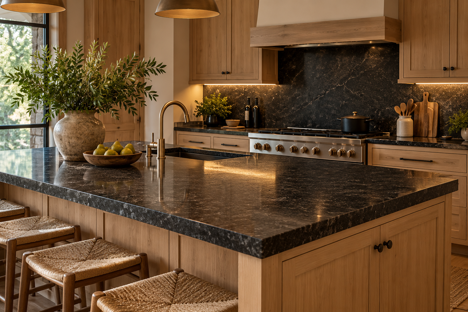 Black countertop with light wood cabinets