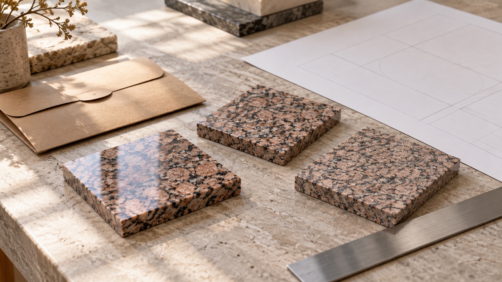 Pink-brown granite samples beside a specification sheet