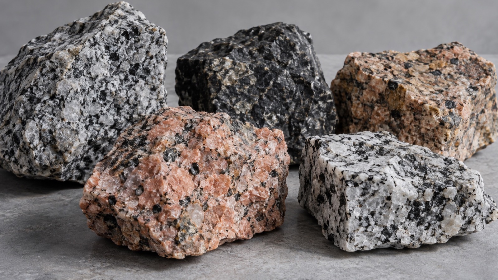 Close view of grey granite crystals and mineral pattern