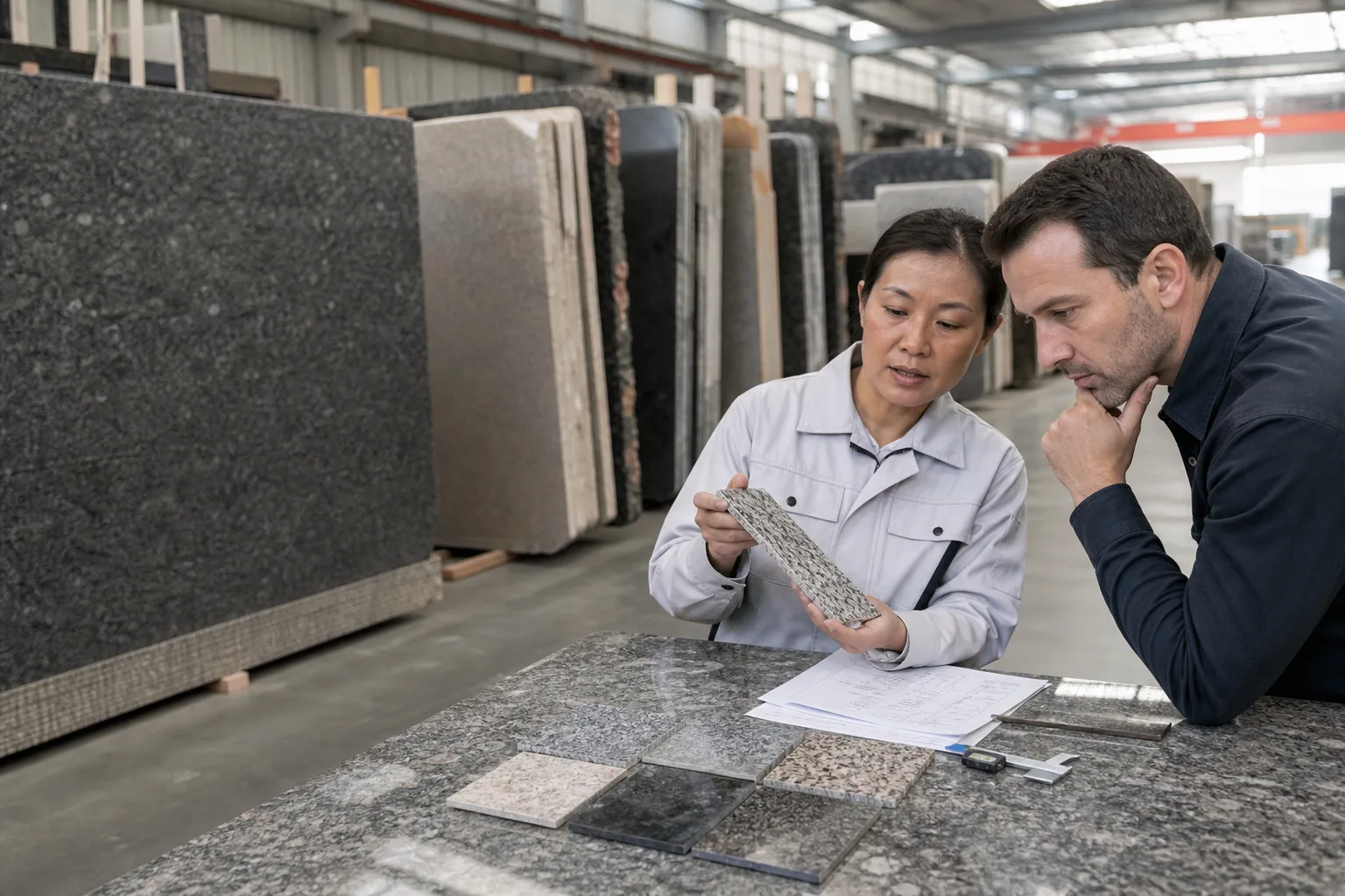 Inspector measuring grey granite tiles beside numbered export crates