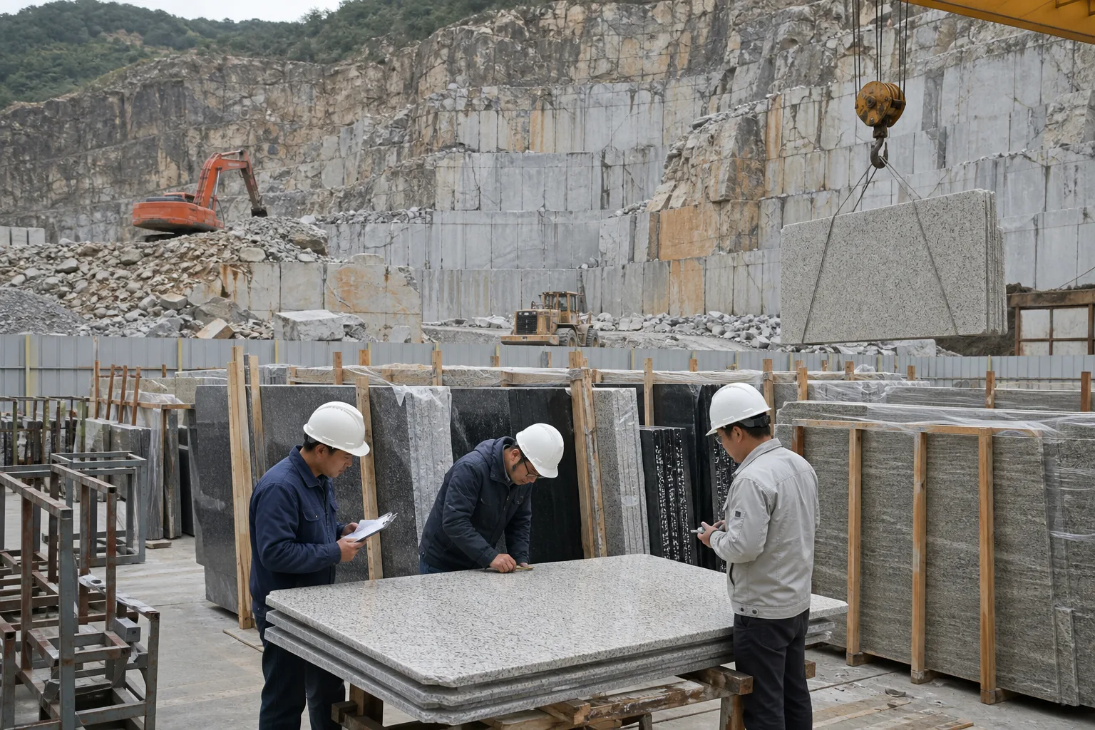 Grey granite slabs, finished tiles and flamed paving samples