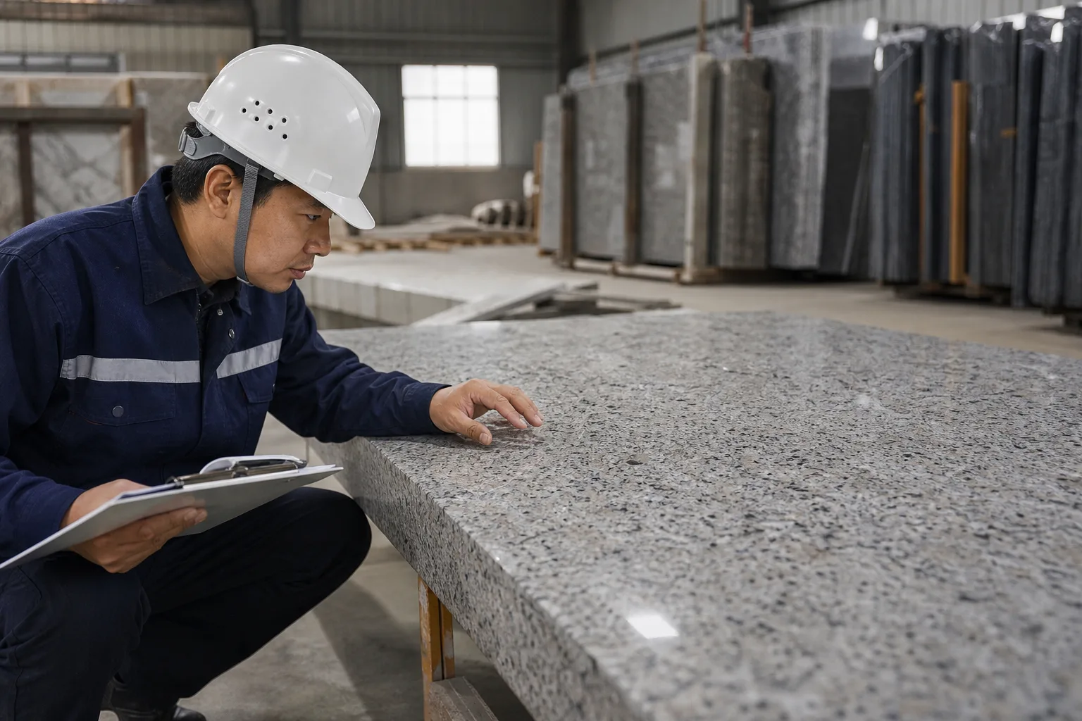 Inspector measuring polished granite tiles beside labeled control samples