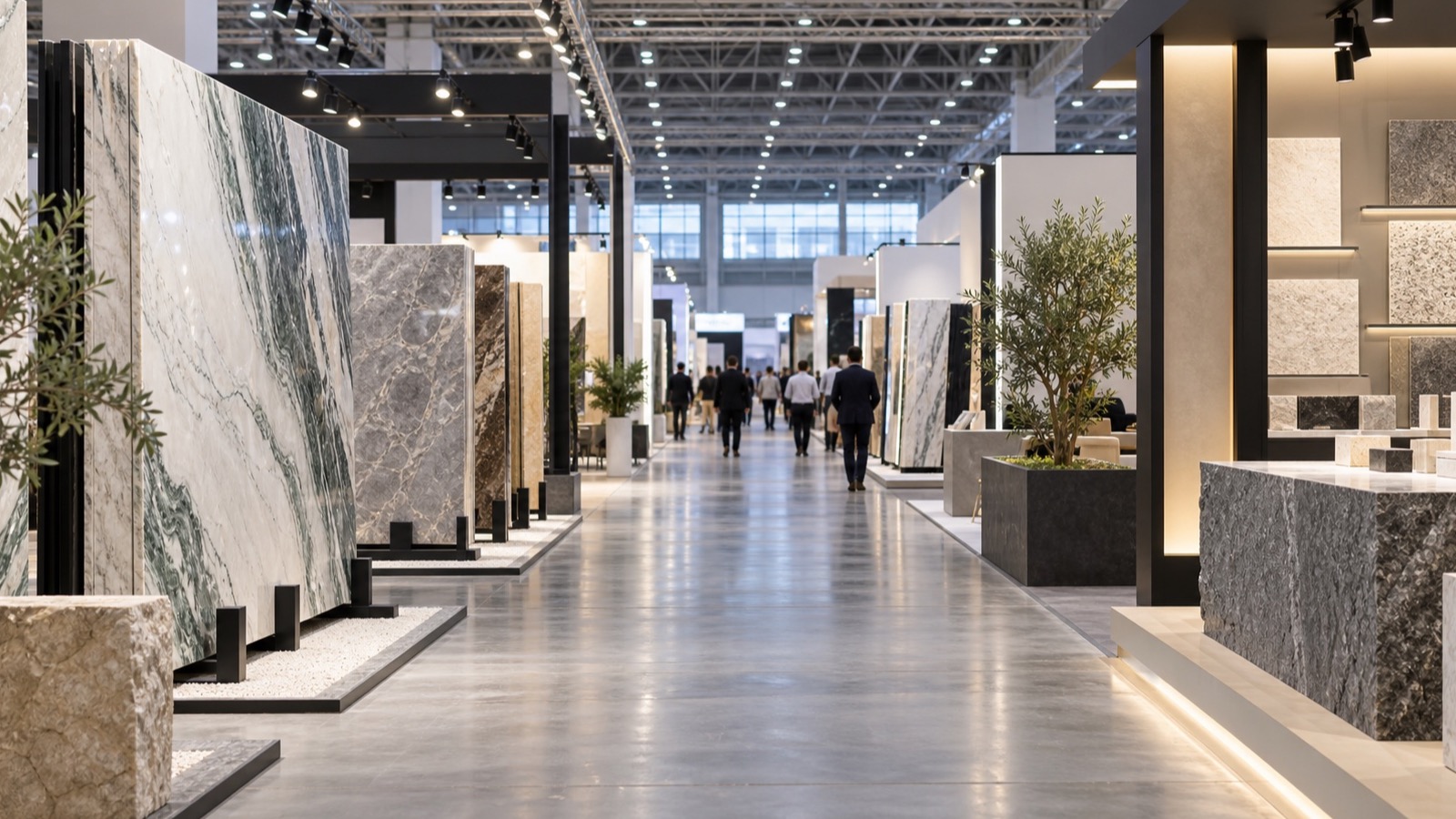 Granite slabs and stone-processing displays prepared for trade visitors