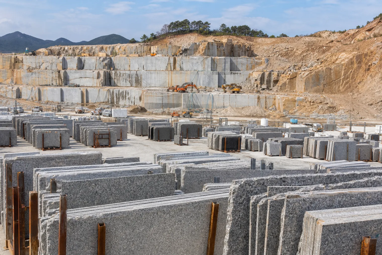 Granite slabs and cut stone arranged inside a Fujian processing facility