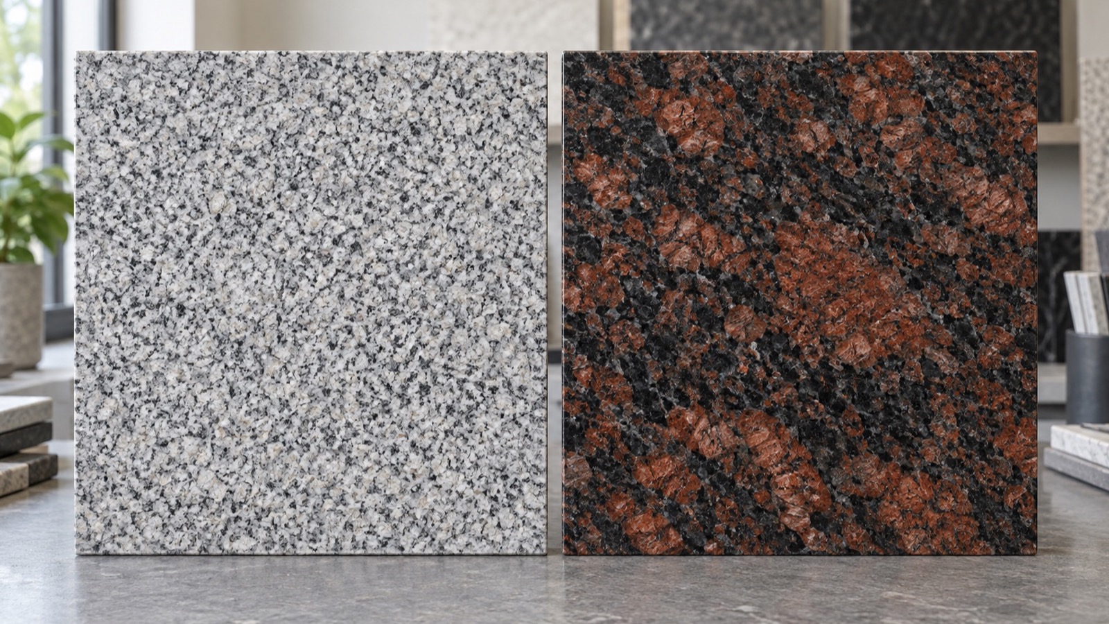 Two contrasting granite samples viewed side by side for approval
