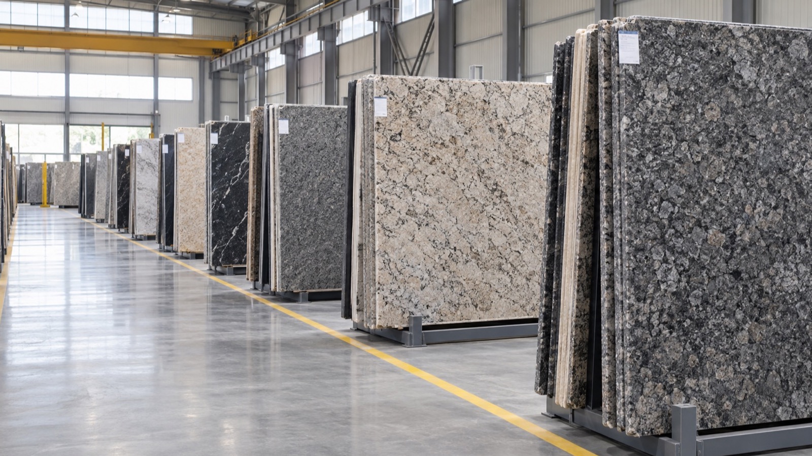 Rows of finished granite slabs prepared for inspection and packing