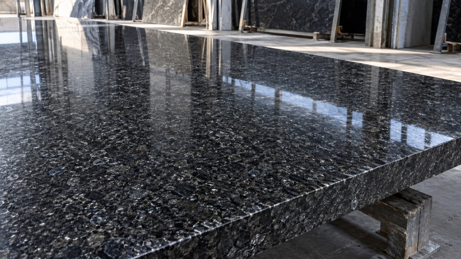 Reflective polished grey granite surface showing mineral crystals