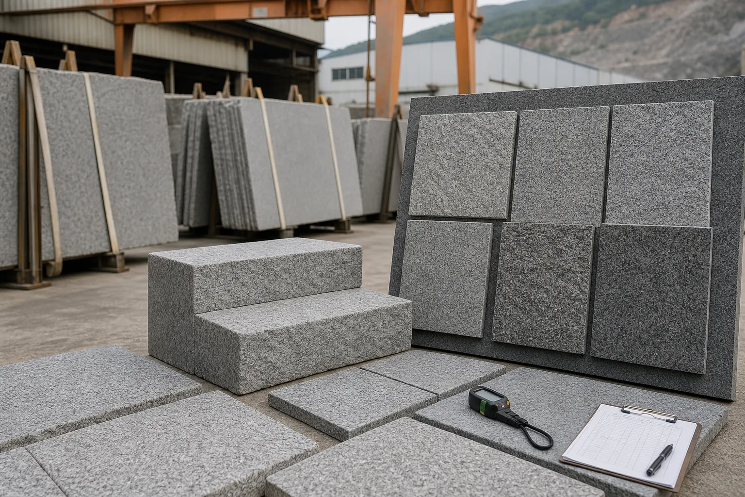 Close view of evenly pitted grey granite paving texture