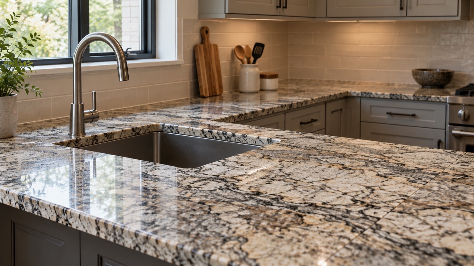 Polished granite kitchen worktop with visible natural mineral movement