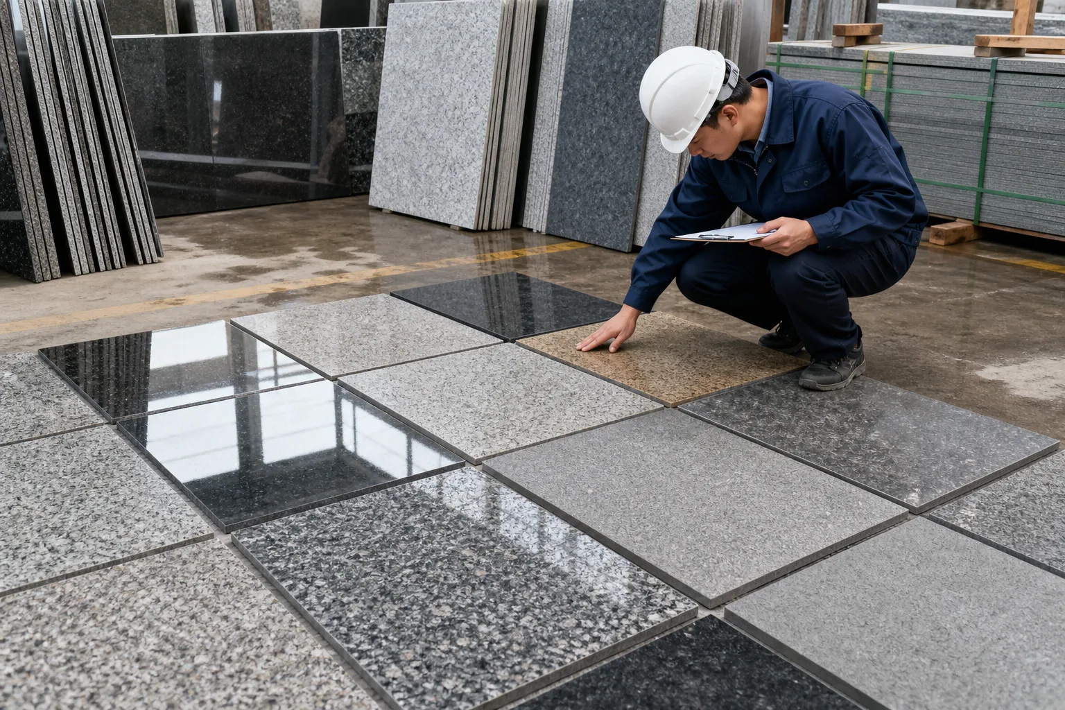 Honed and textured granite floor samples arranged for specification review