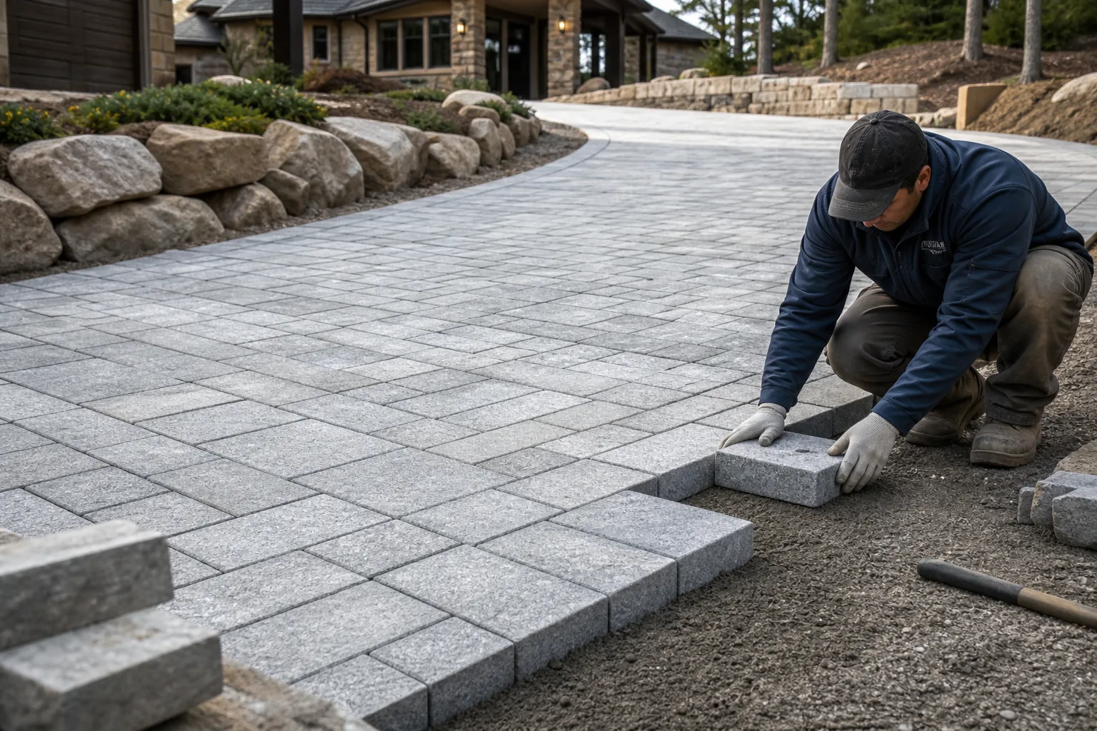 Textured grey granite pavers installed across a residential vehicle entrance