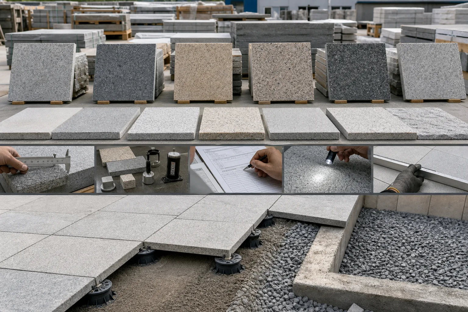 Textured grey granite pavers installed around a residential outdoor patio