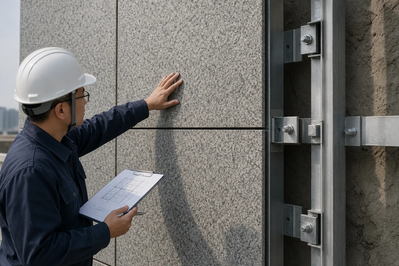 Textured grey granite panels installed on a modern exterior wall