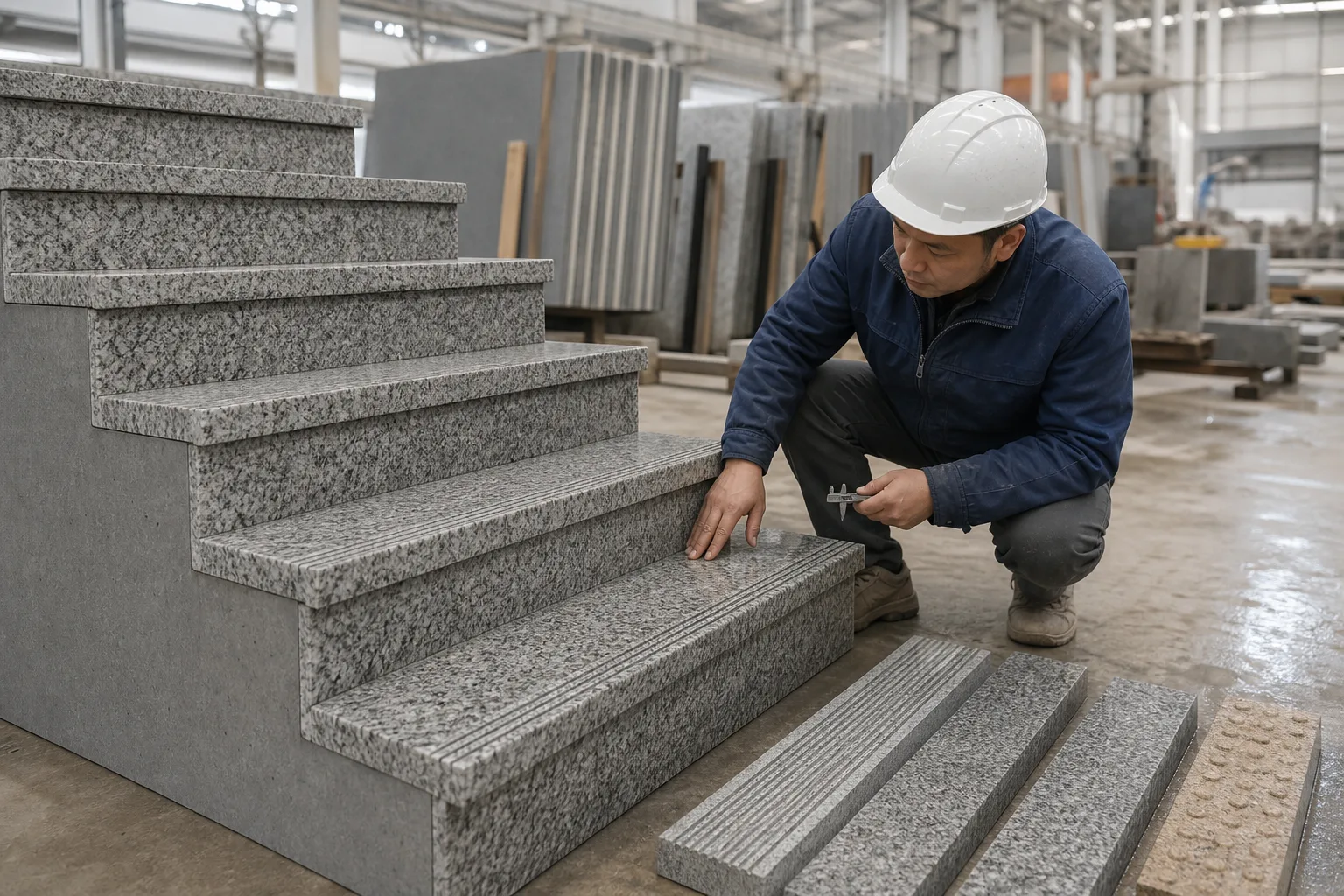 Textured grey granite treads with matching risers on an exterior staircase