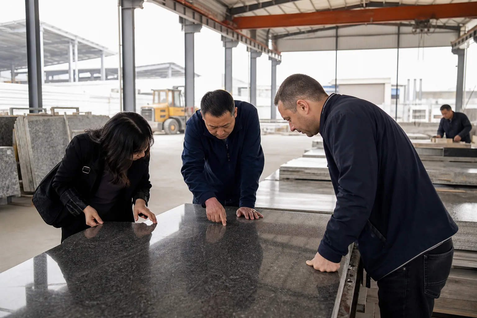 Inspector reviewing granite tiles beside cutting equipment in a Chinese plant