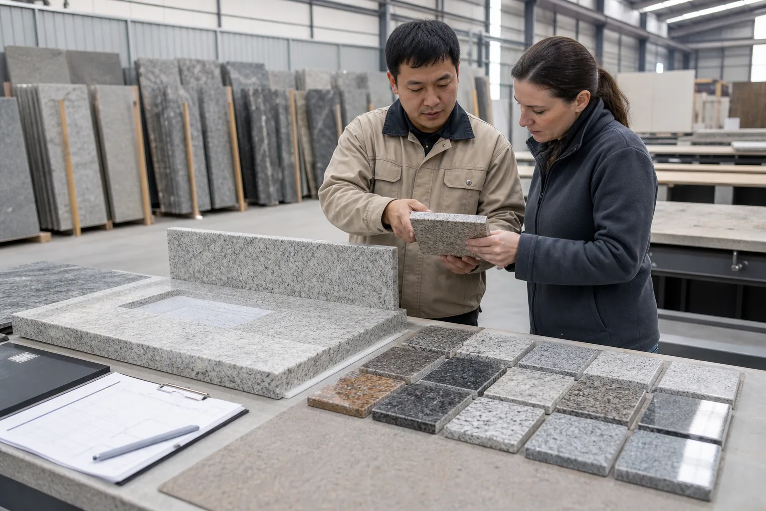 Labeled granite range samples beside an assembled finish mockup