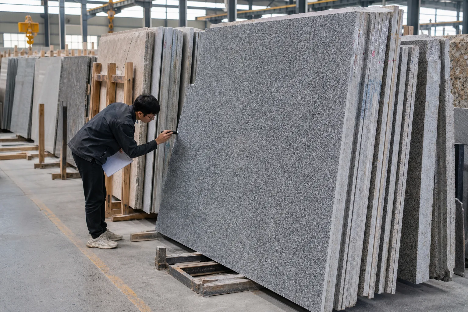 Granite tiles and slabs packed in labeled export crates