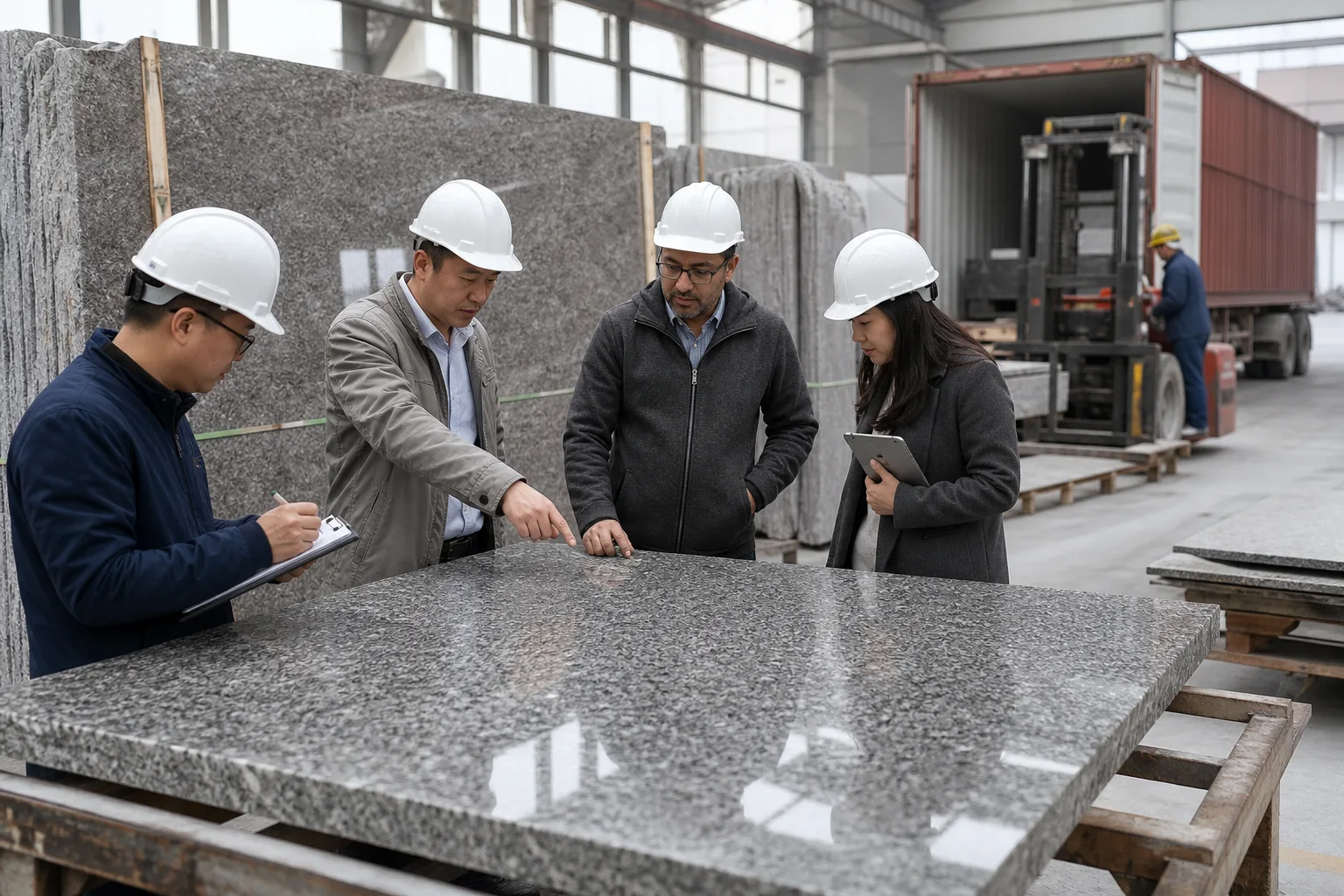 Buyer reviewing granite order documents beside packed stone samples