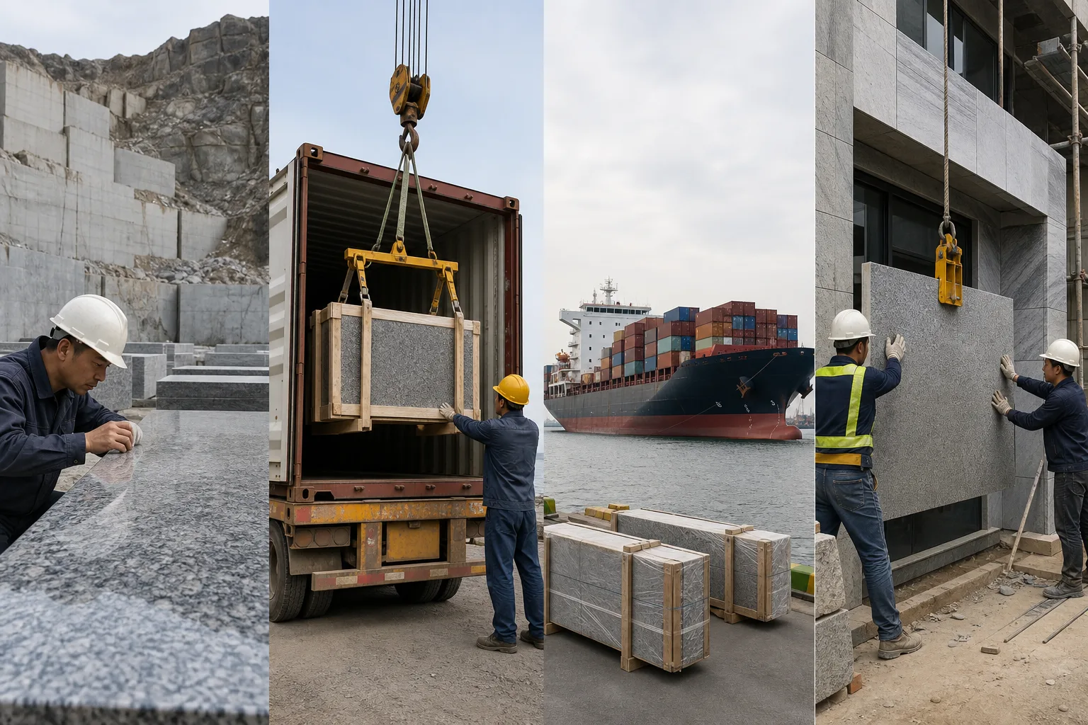 Wooden granite crates being loaded into a sealed export container