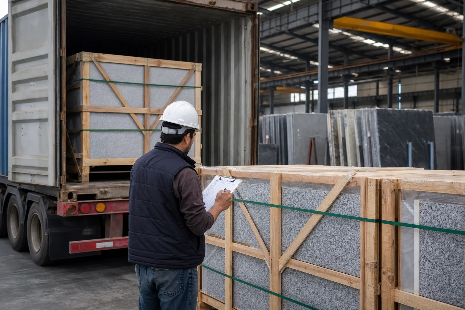 Wooden granite crates secured inside a freight container