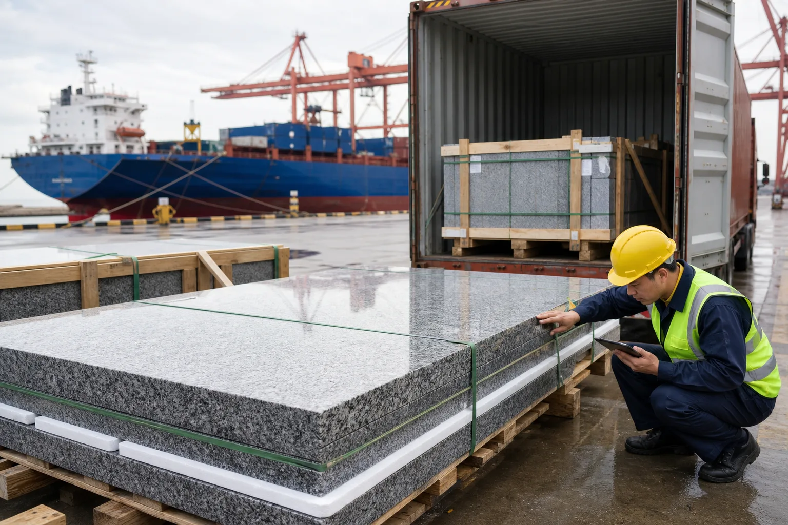Crated granite slabs secured inside a freight container in China