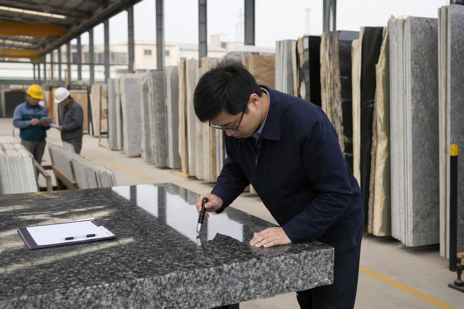 Inspector comparing granite slab labels with factory production records
