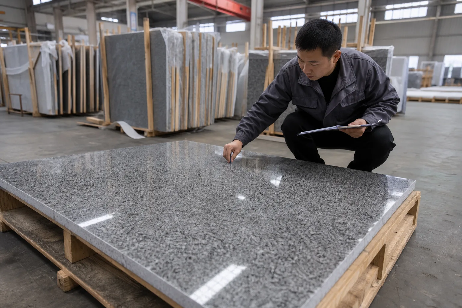 Inspector measuring finished granite tiles beside labeled export crates
