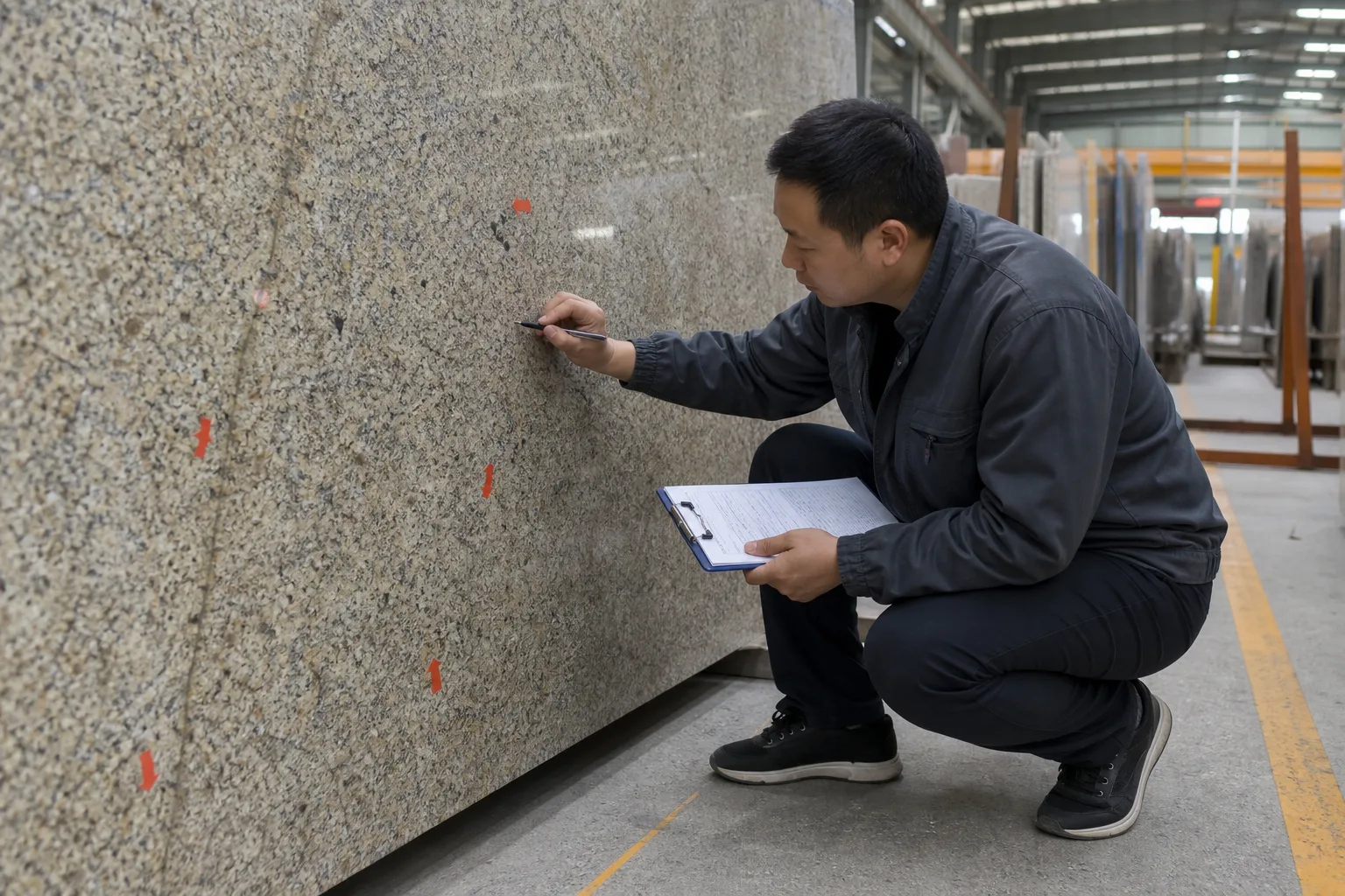 Inspector checking granite slab edges for cracks, chips and repairs