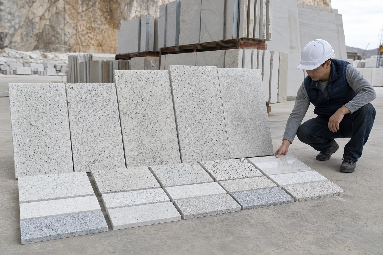 Light Chinese granite samples showing polished and textured surface variations