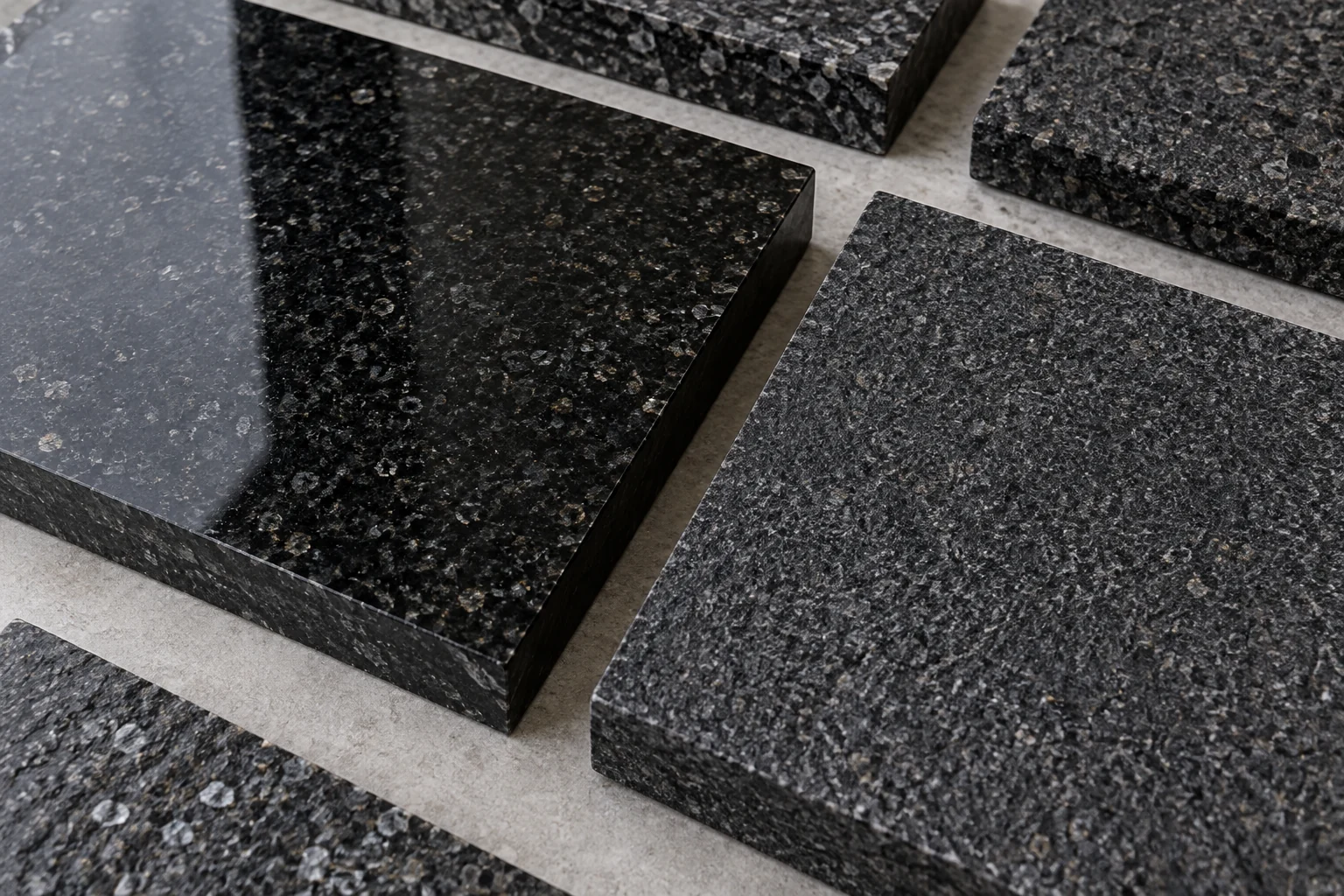 Black Chinese granite samples showing polished and textured surface variations
