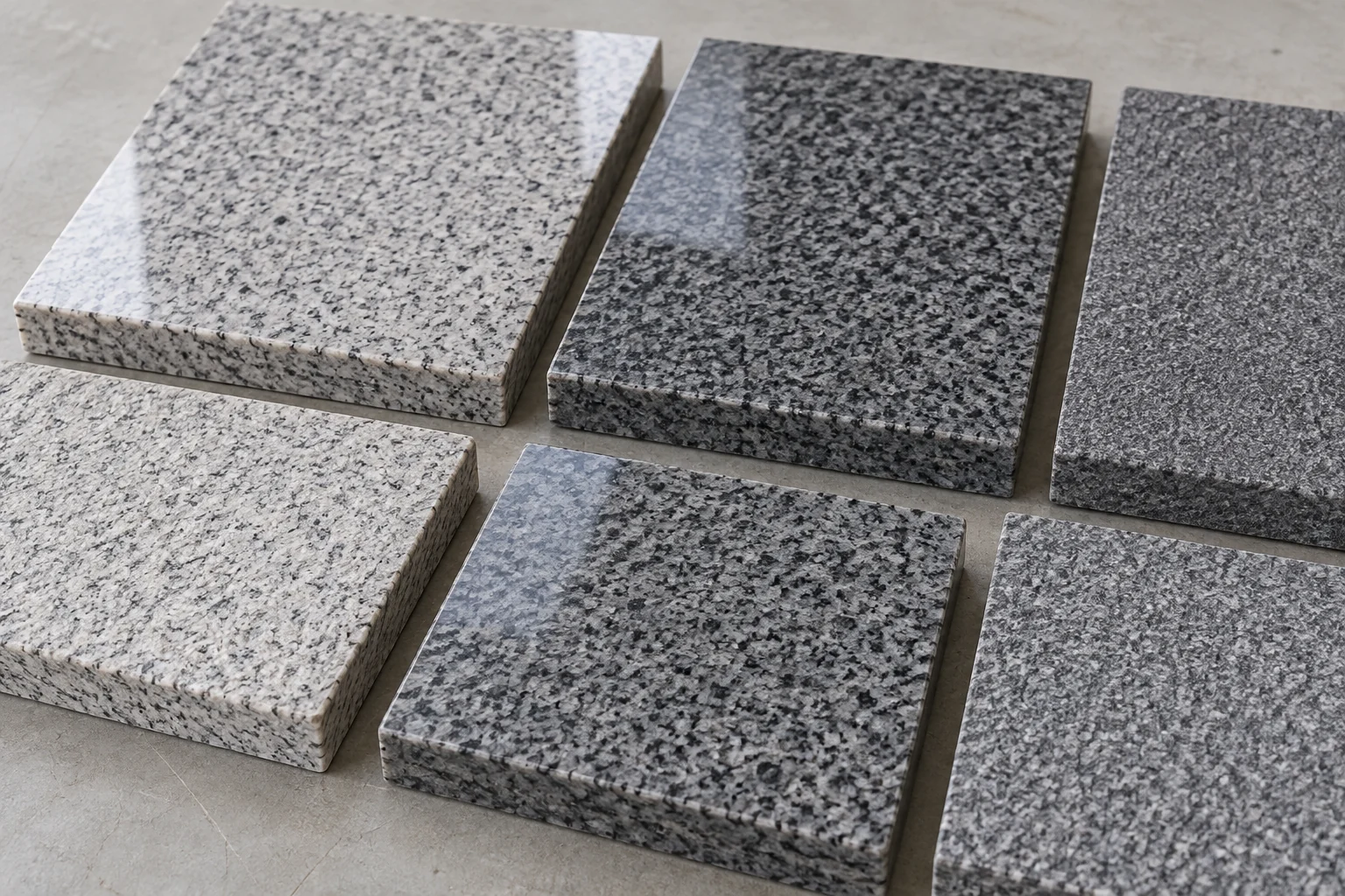 Grey Chinese granite samples showing polished and textured surface variations