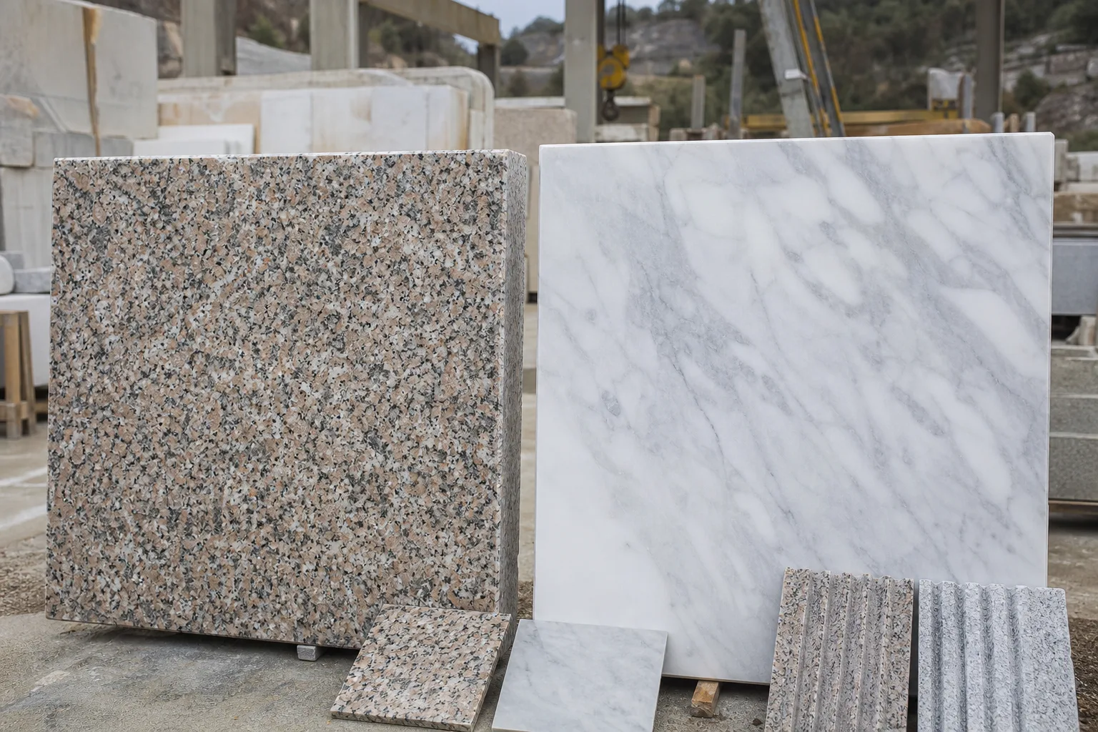 Polished granite and veined marble slabs displayed side by side