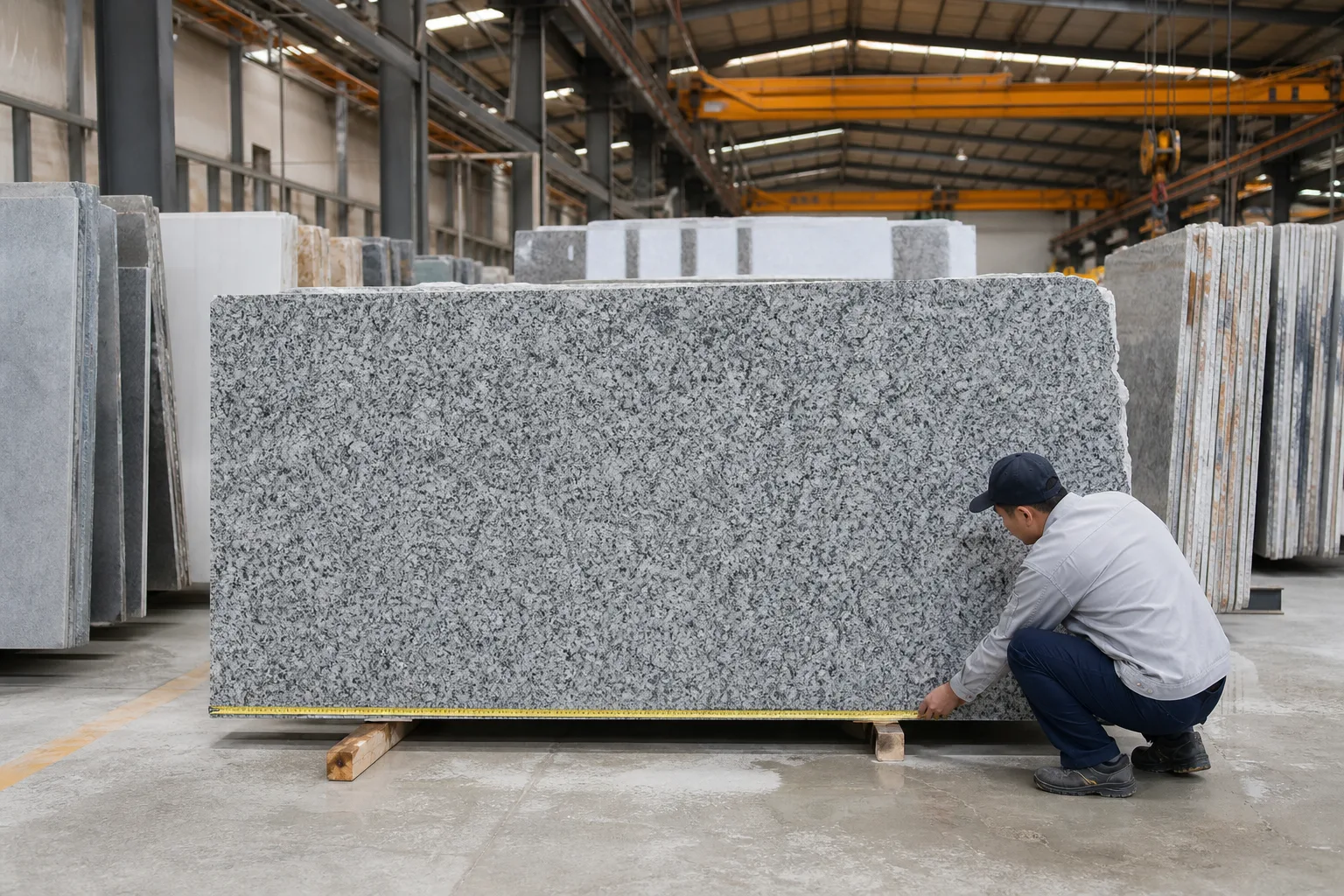 Inspector measuring finished thickness across a supported granite slab