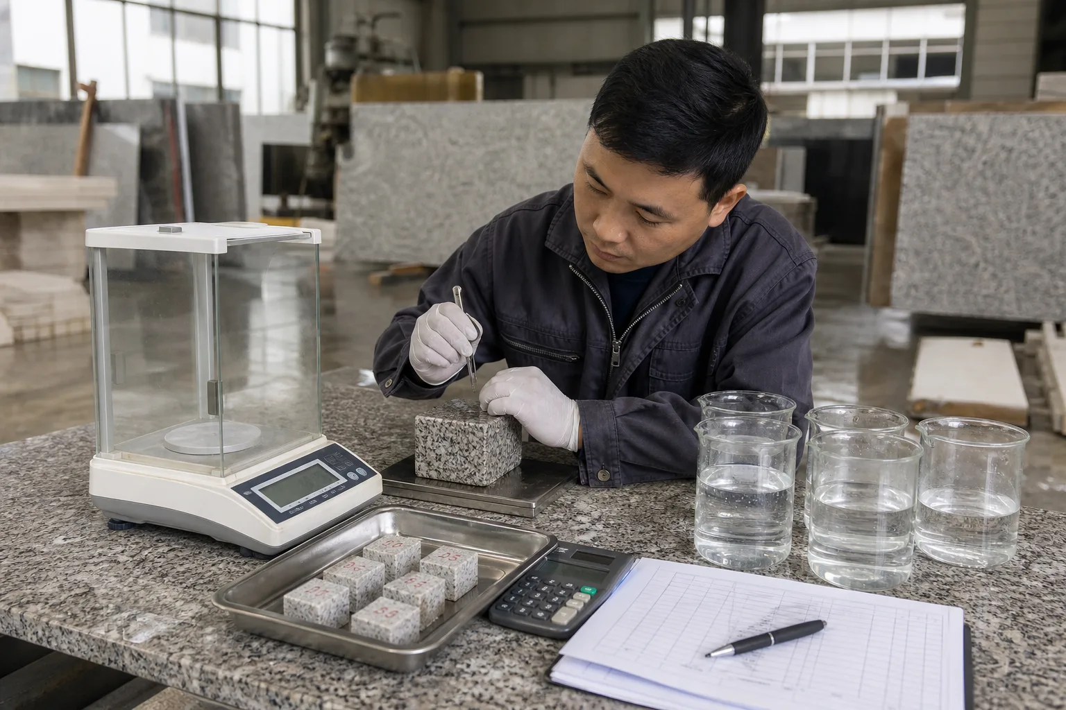 Technician weighing labeled granite specimens for laboratory water absorption testing
