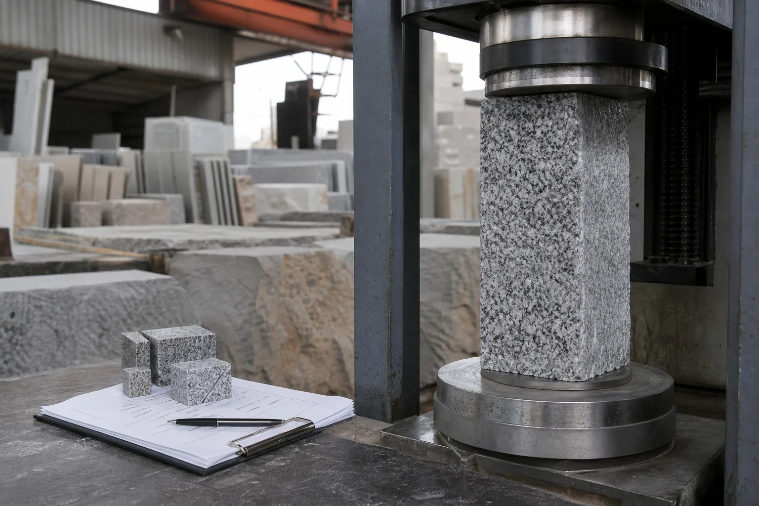 Laboratory compression testing setup with a prepared granite stone specimen