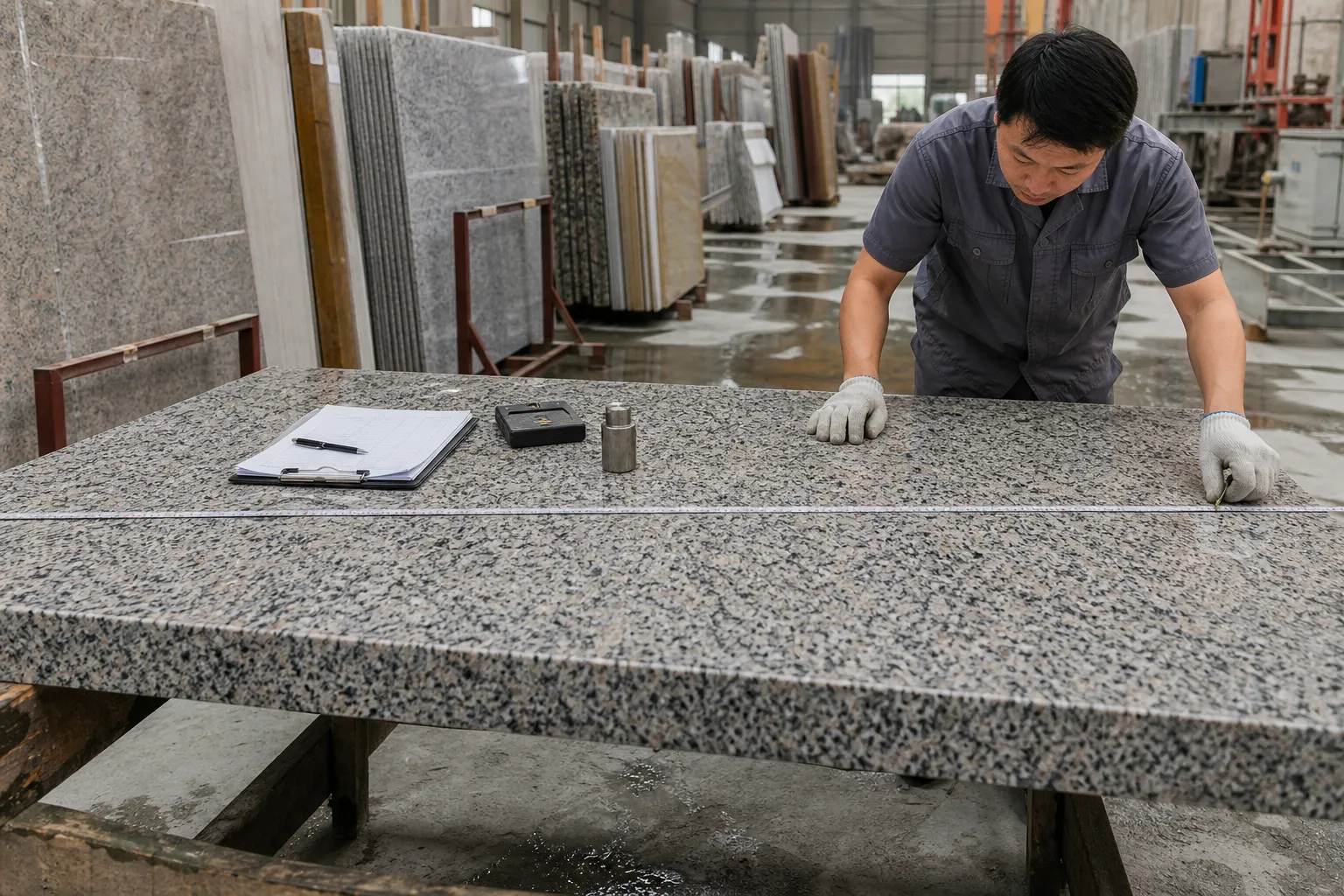 Granite slabs measured for thickness and shipment weight calculation