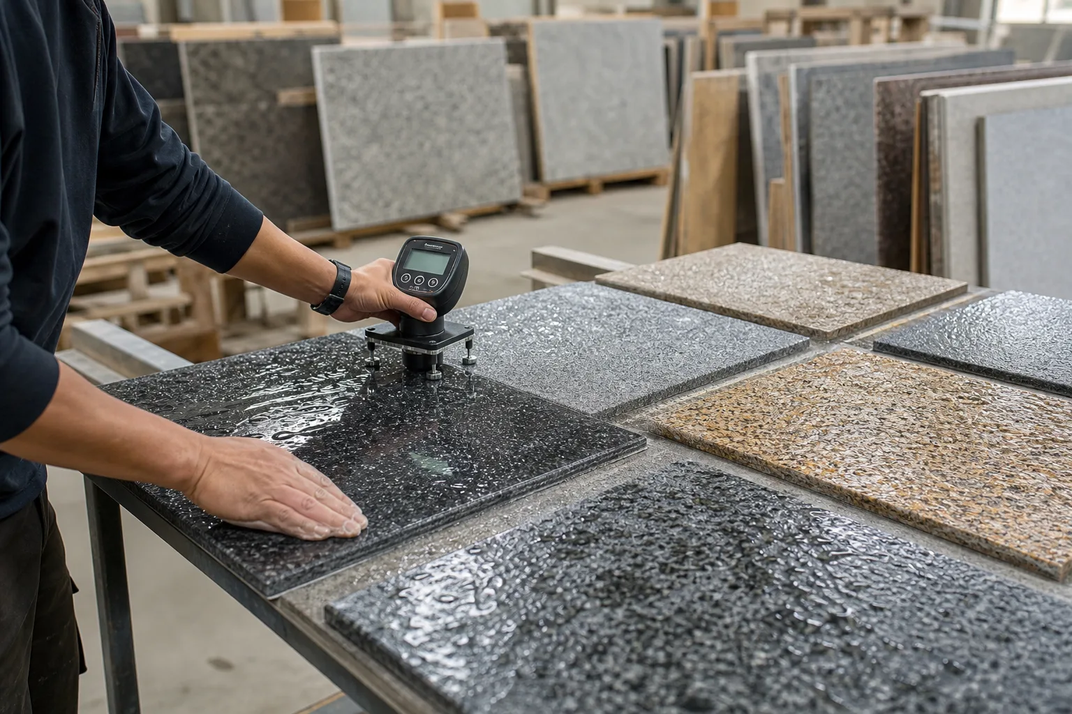 Wet textured granite paving beside a polished stone sample