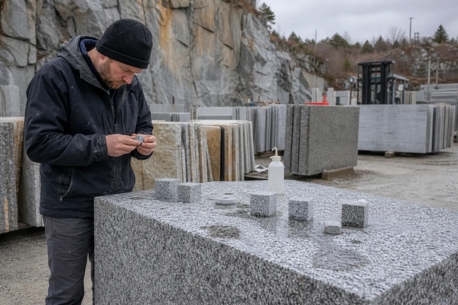 Flamed grey granite paving samples beside a winter drainage detail