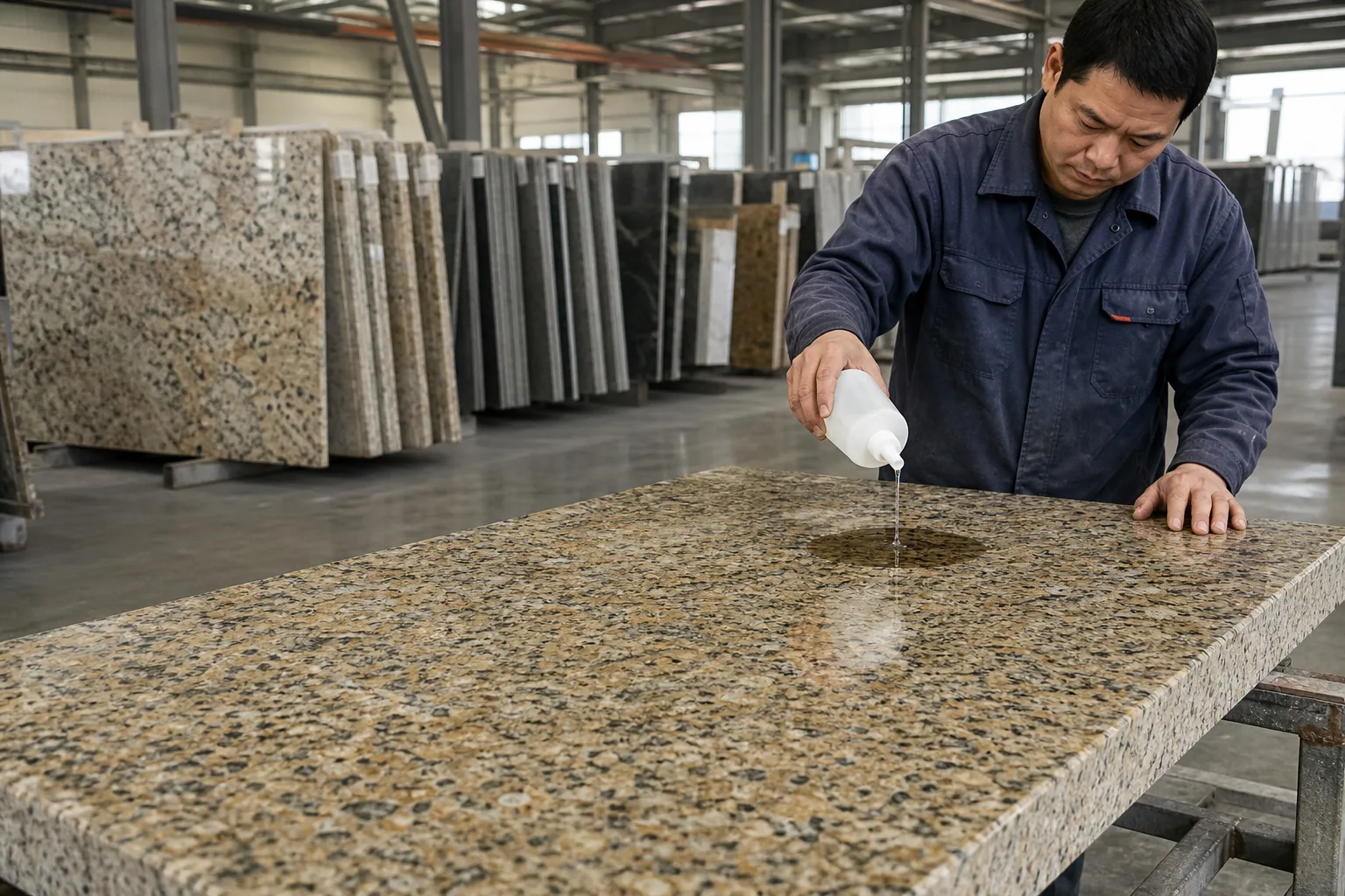 Technician checking water absorption on a polished granite sample