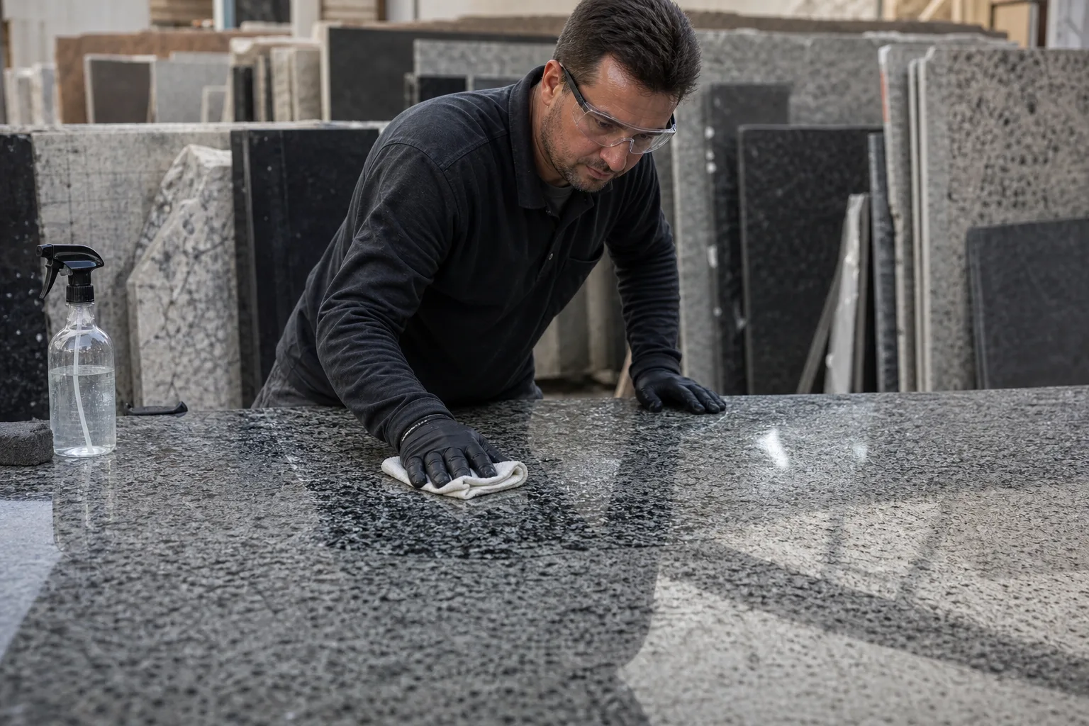 Worker wiping a polished granite sample with a soft white cloth