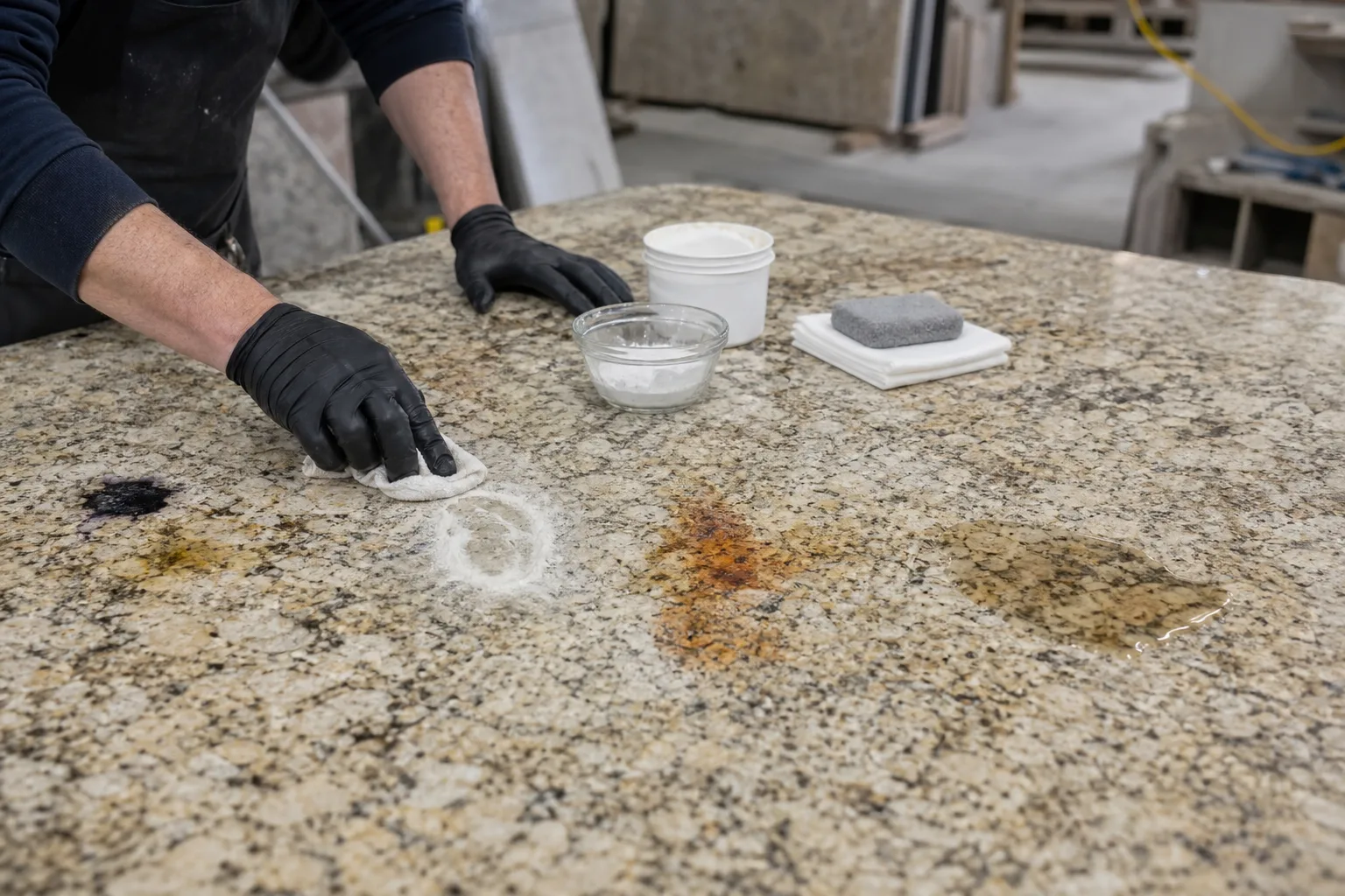 Poultice applied over a dark stain on polished granite