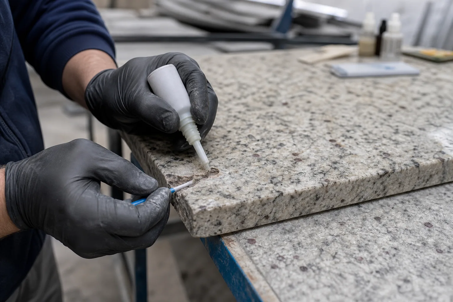 Technician filling a small granite countertop edge chip with repair resin