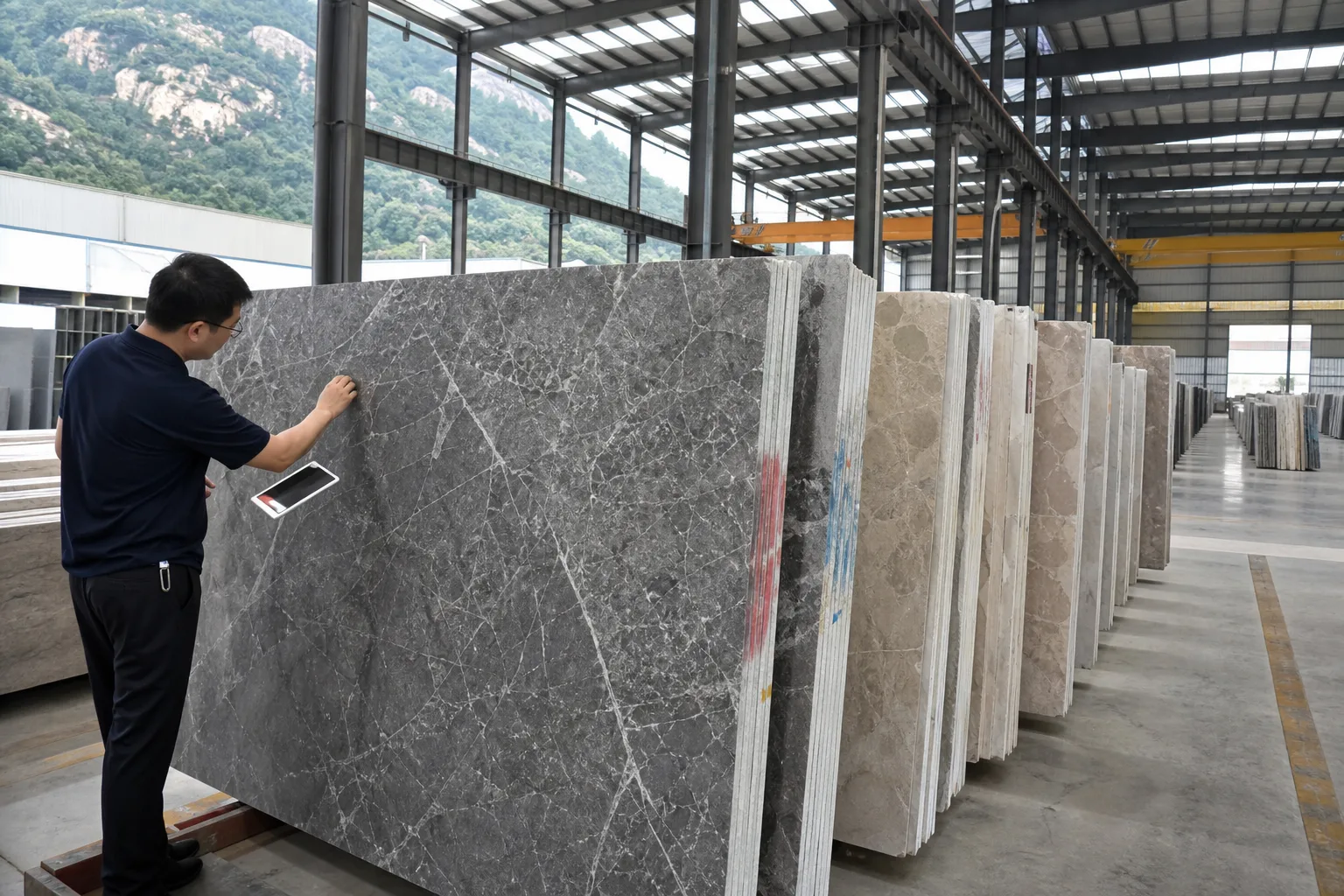 Stone slabs displayed inside a Shuitou wholesale warehouse