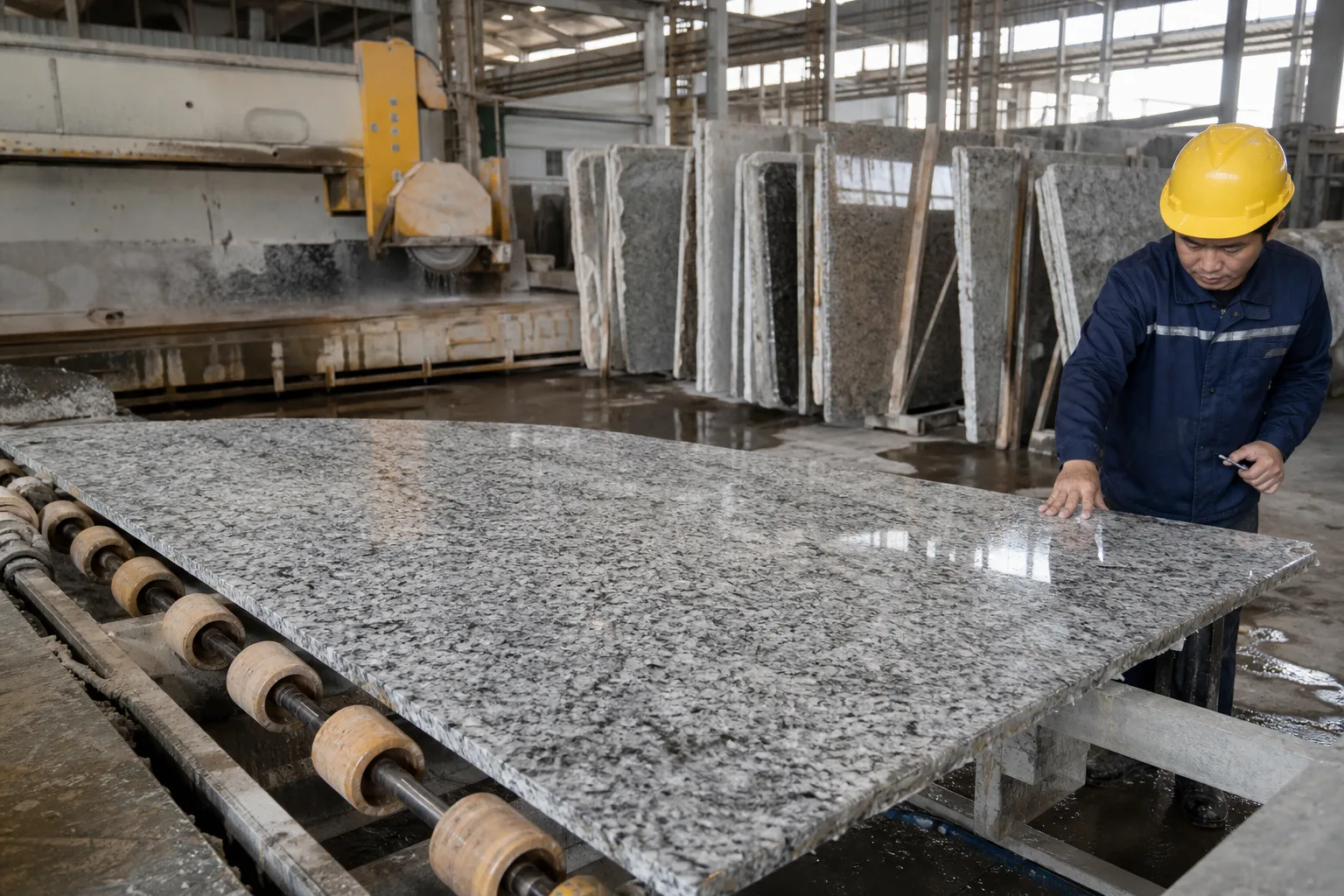 Workers inspecting cut granite slabs inside a Chinese stone processing facility