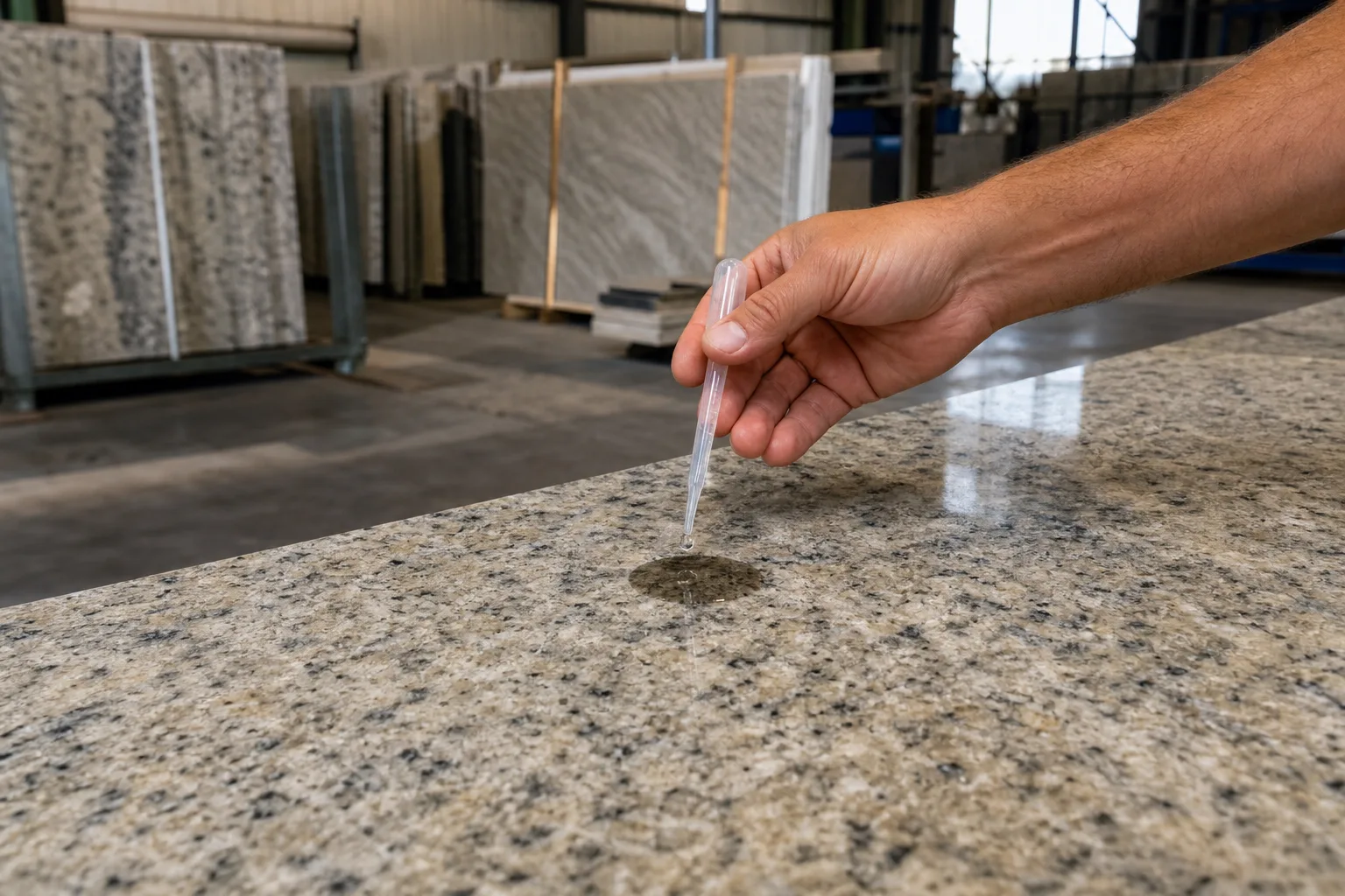 Water drops resting on a clean polished granite sample