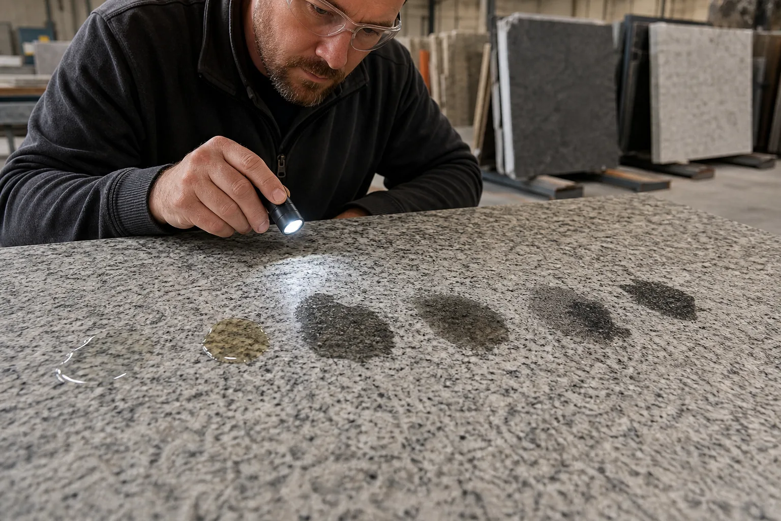 Dark moisture patch beside a dry polished granite countertop area