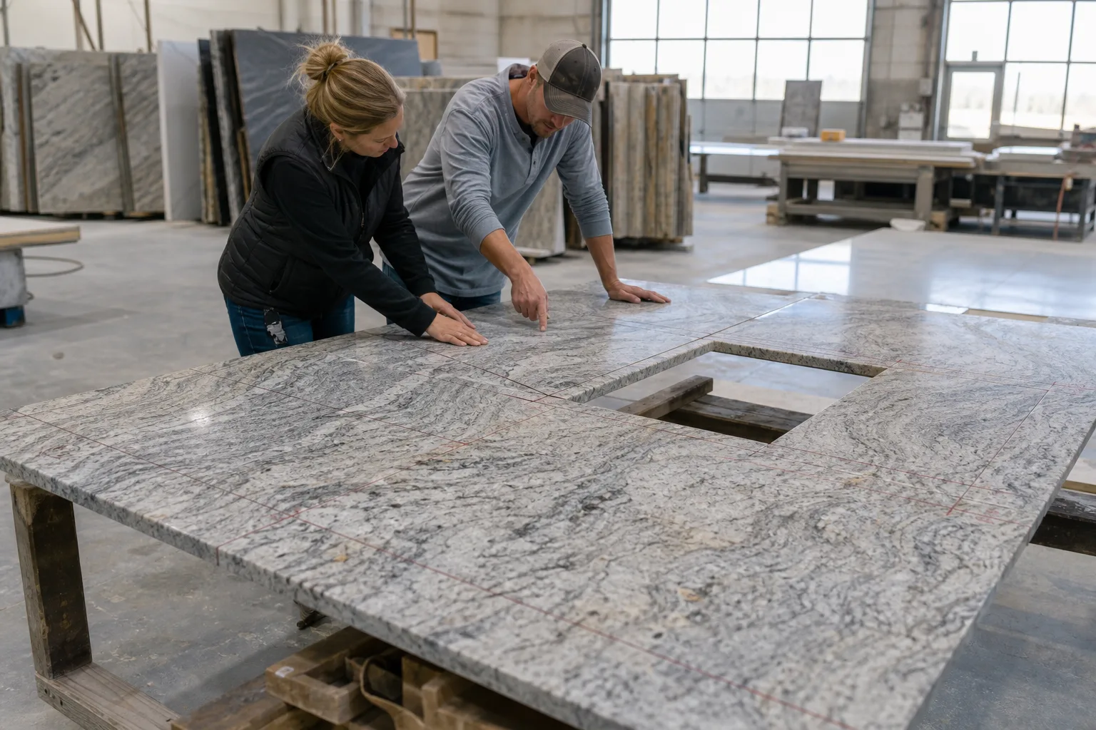Numbered granite slabs with digital cut pieces and marked seam positions