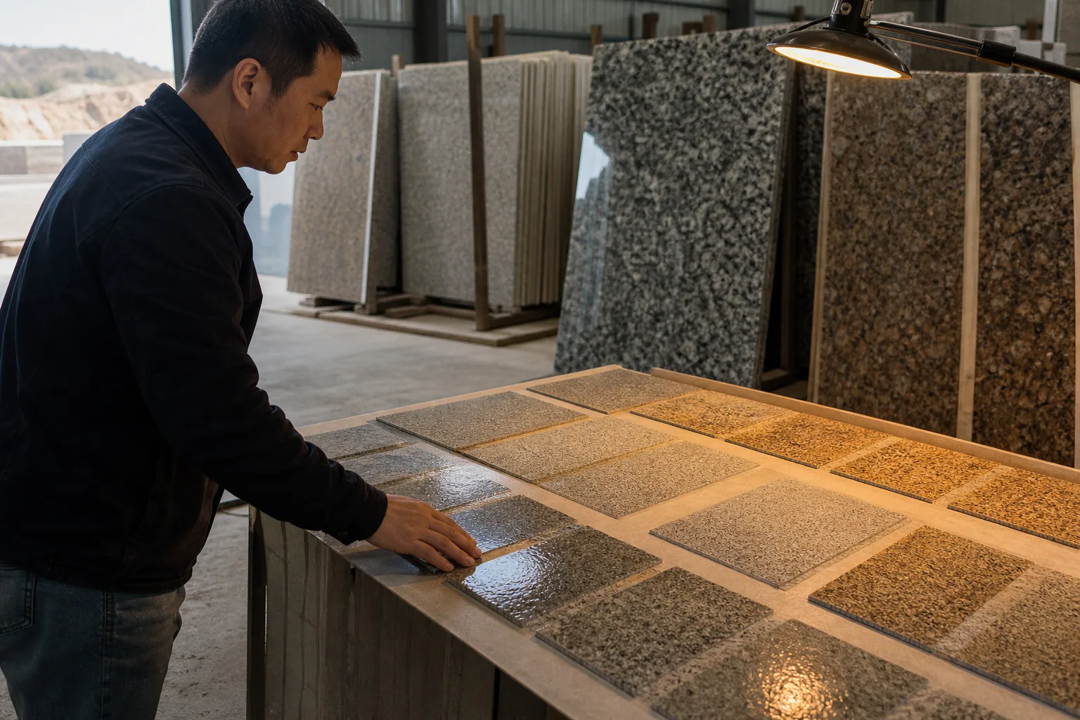 Inspector comparing finished granite samples beneath daylight and warm lamps