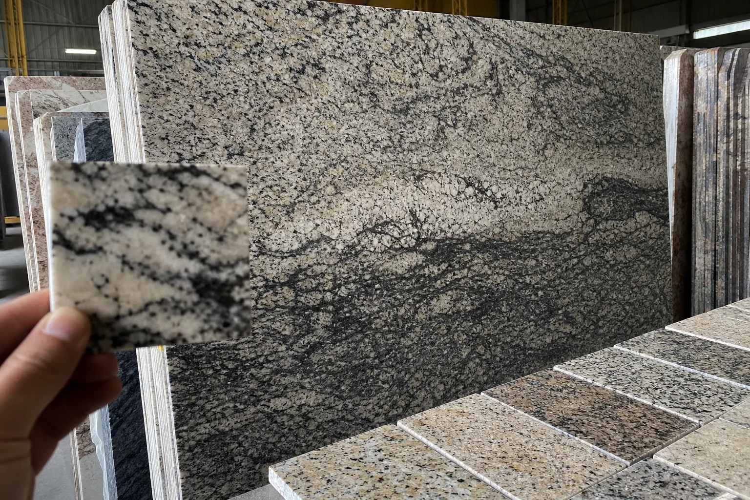 Numbered granite slabs beside small polished reference samples