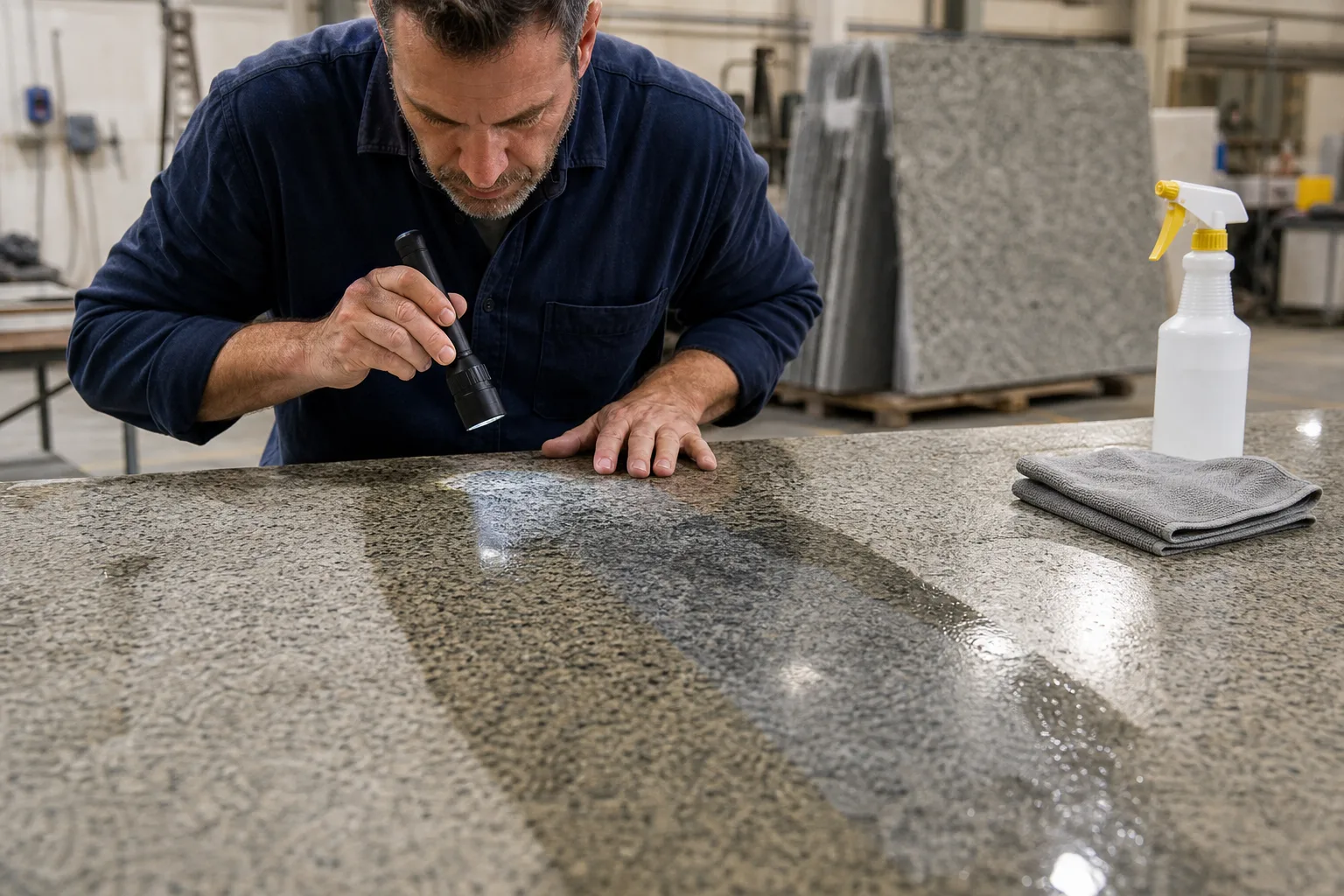 Cloudy residue and uneven dark patches on a polished granite slab